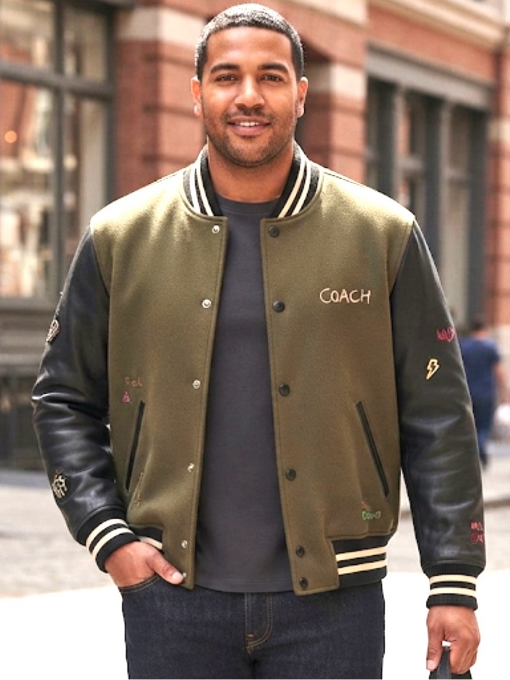 Coach Diary Varsity Jacket Olive Green & Black Leather C7814 Like New MSRP $728